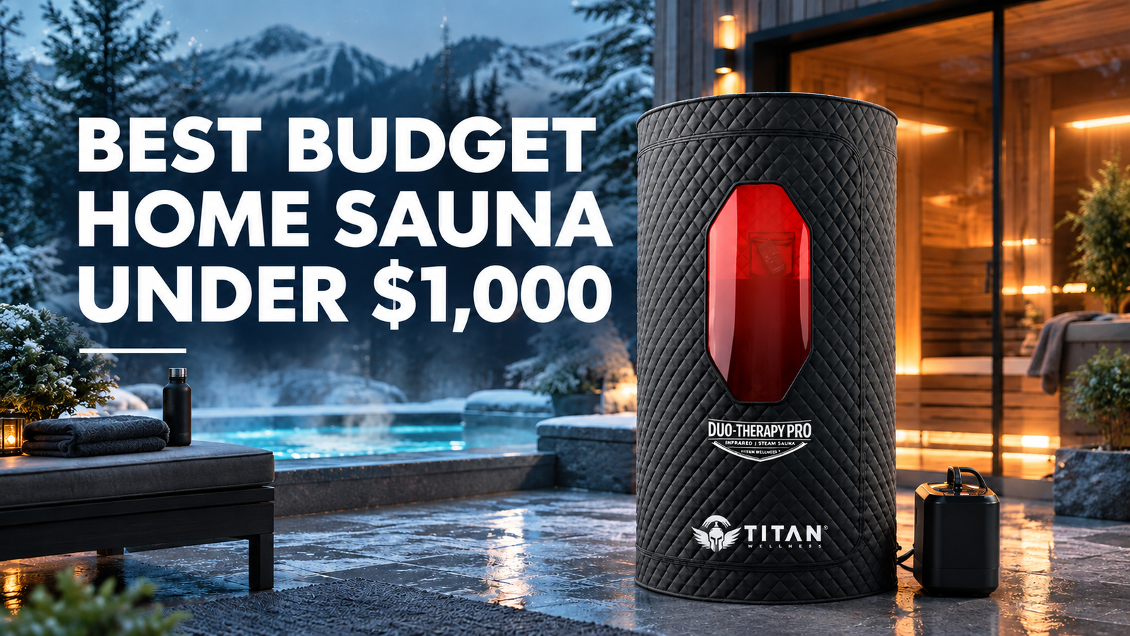 Best budget home sauna under $1,000 featuring Titan Wellness Duo-Therapy Pro sauna in winter setting