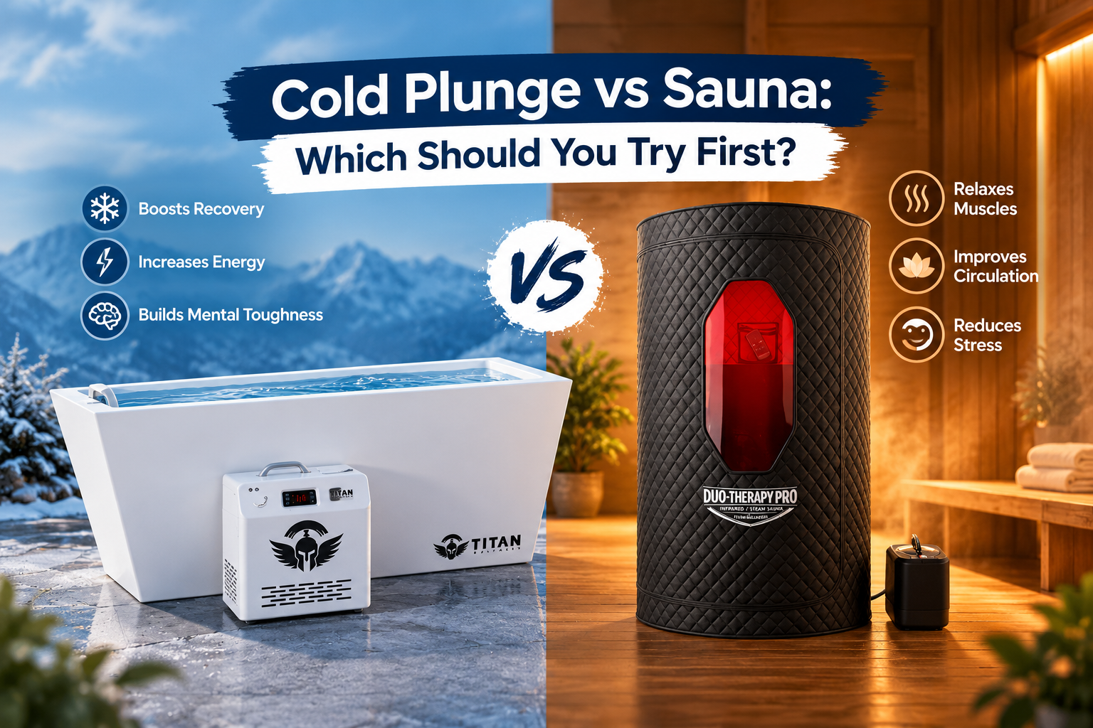 Titan cold plunge vs sauna comparison showing recovery, energy, relaxation, and stress benefits.