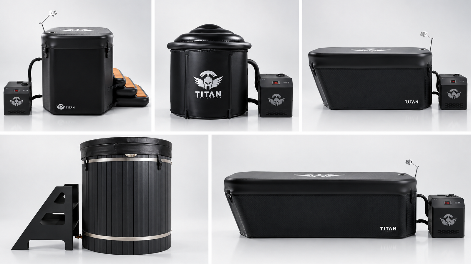 Five Titan Wellness portable cold plunge tubs with insulated designs and chillers for convenient cold water recovery at home.