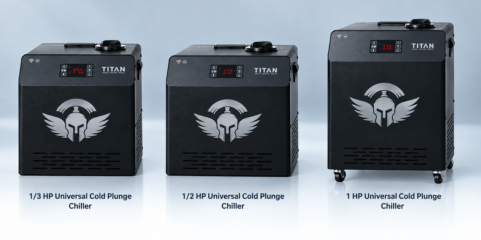 Titan Wellness cold plunge chiller comparison featuring 13 HP, 12 HP, and 1 HP models for cold plunge water cooling.