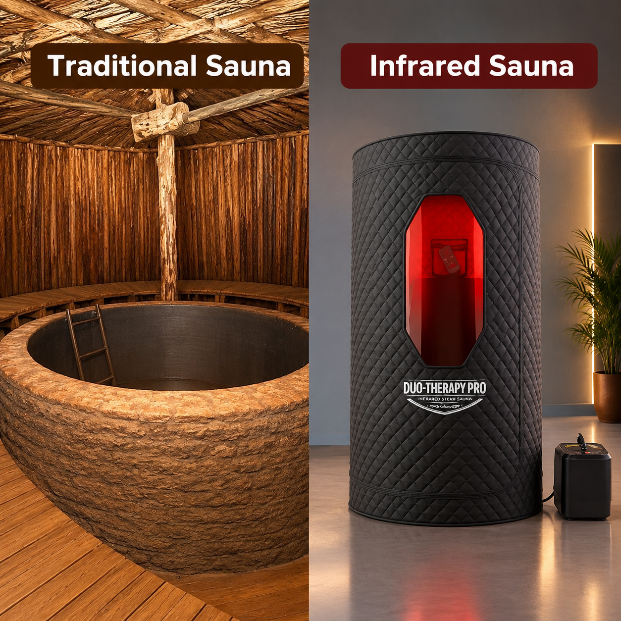 Traditional Sauna vs Infrared Sauna comparison featuring a rustic wooden sauna and modern red light infrared sauna.